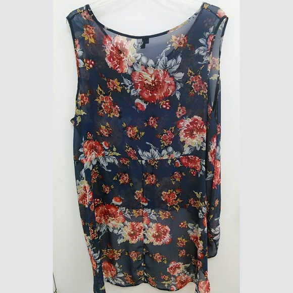 Torrid Tunic Button Down Floral Hi-Lo Red Blue - Picture 2 of 3